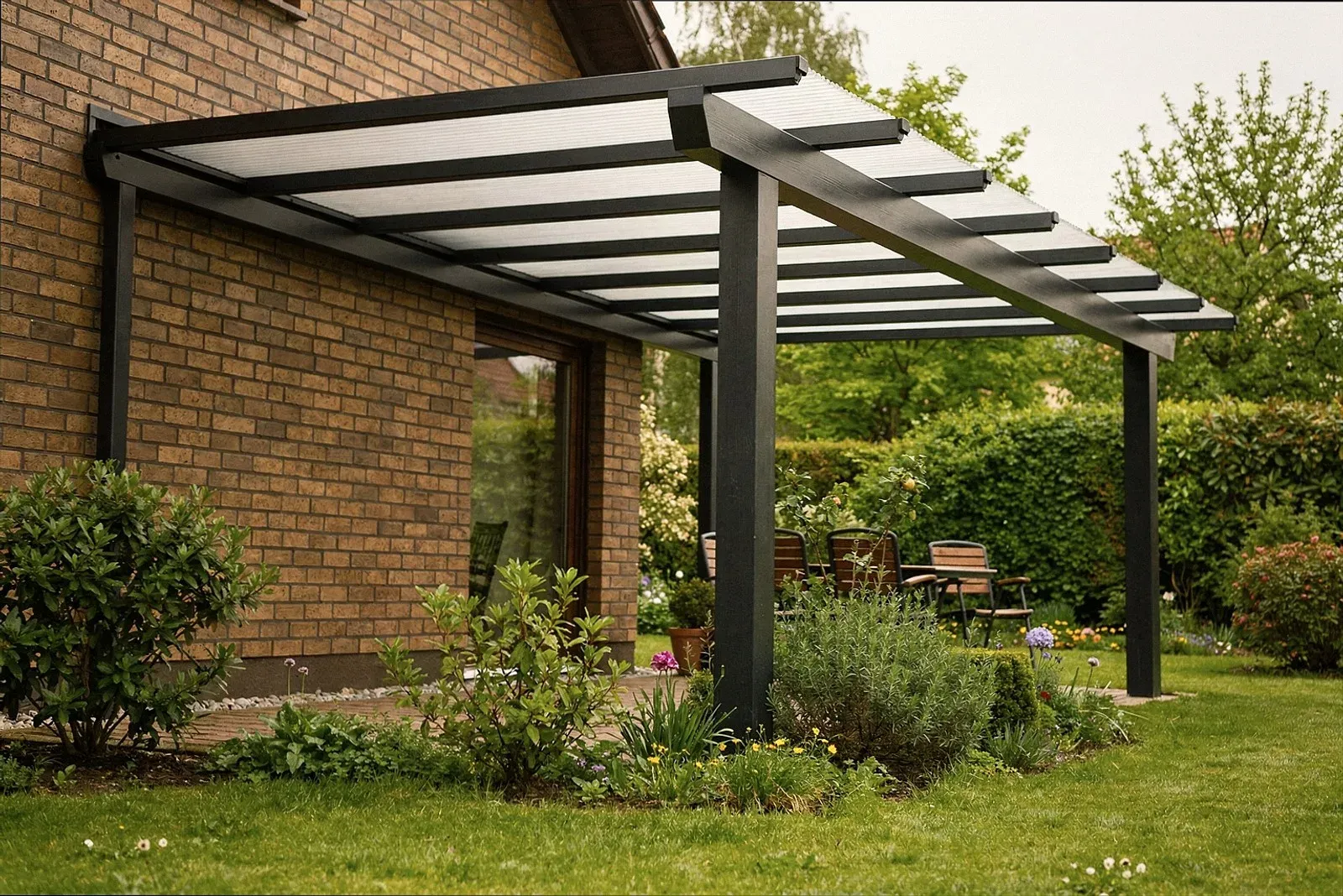 Terrassendach aus pulverbeschichtetem Aluminium über einer Terrasse in Augsburg