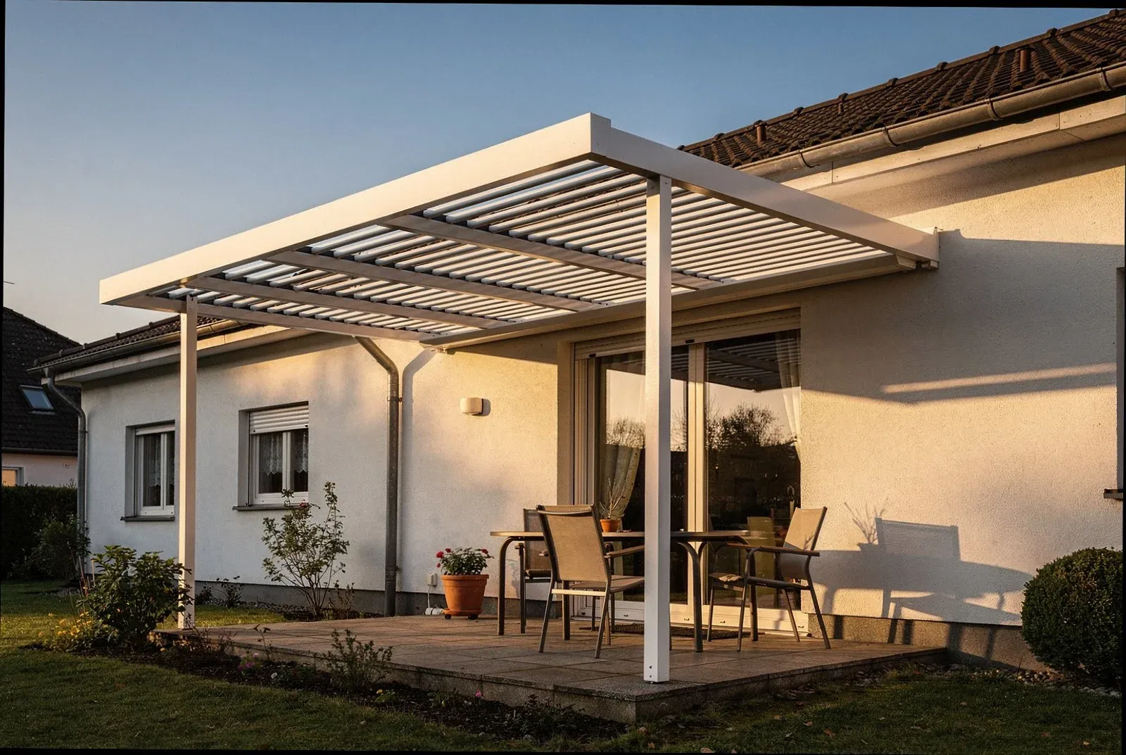 Motorisiertes Lamellendach mit geöffneten Lamellen über einer Terrasse in Augsburg